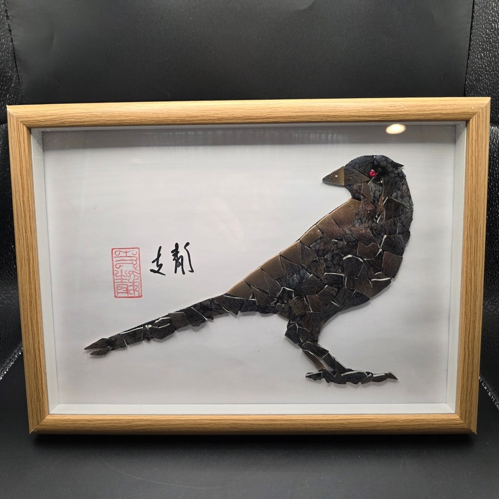 Handmade Mosaic Bird Artβ Framed Mixed Media Shard Wall Decor Signed with Seal